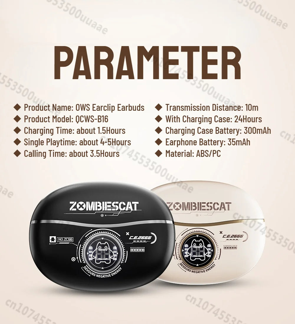 Zombiescat B16 OWS – Słuchawki Bluetooth 6.0 Earclip HiFi, 20h, Wyświetlacz Baterii