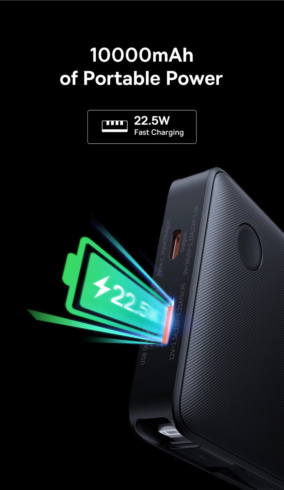 Baseus Powerbank 10000mAh 22.5W z Wbudowanymi Kablami - Szybkie Ładowanie dla iPhone 16 15 Pro Max - George Vision Premium