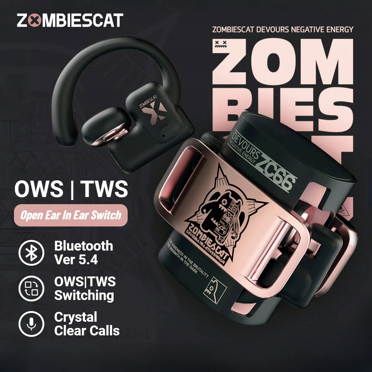 Zombies Cat B9 OWS – słuchawki bezprzewodowe Bluetooth 5.4, tryb otwarty i douszny