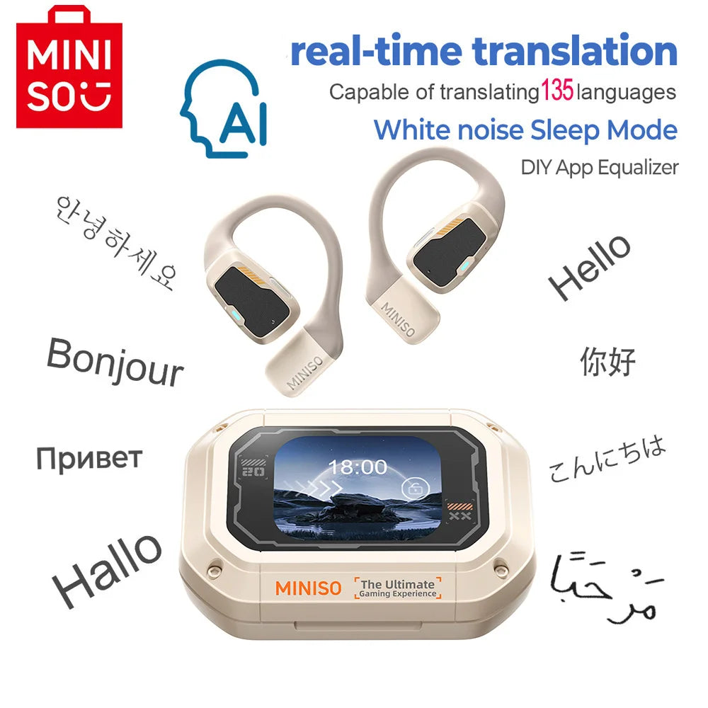MINISO M98 – Słuchawki OWS Bluetooth, Tłumacz AI 144 Języki, Ekran LCD, IPX5, Sport