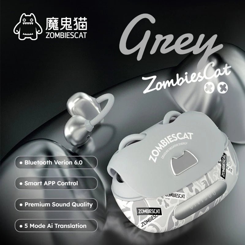 Zombies Cat B23 Graffiti – Słuchawki OWS Ear Clip Bluetooth 6.0 z AI Translacją i Aplikacją