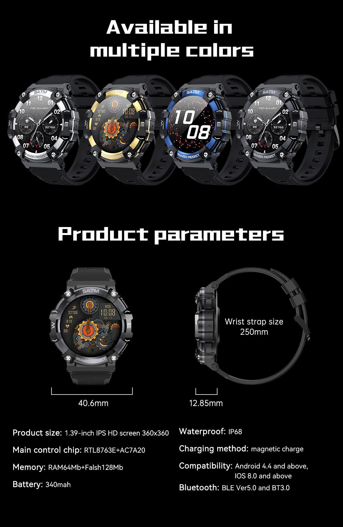 Wielofunkcyjny smartwatch męski z pomiarem tętna i snu