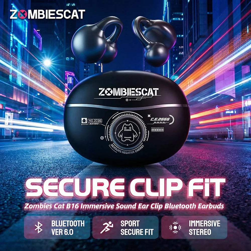 Zombiescat B16 OWS – Słuchawki Bluetooth 6.0 Earclip HiFi, 20h, Wyświetlacz Baterii