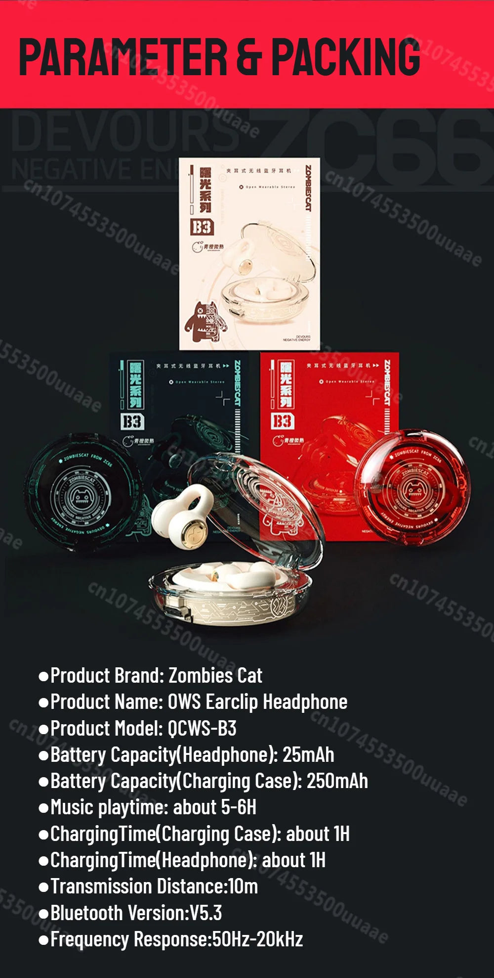 Zombiescat B3 OWS – Słuchawki Bluetooth 5.3 Earclip HiFi, Transparentne Etui, ANC