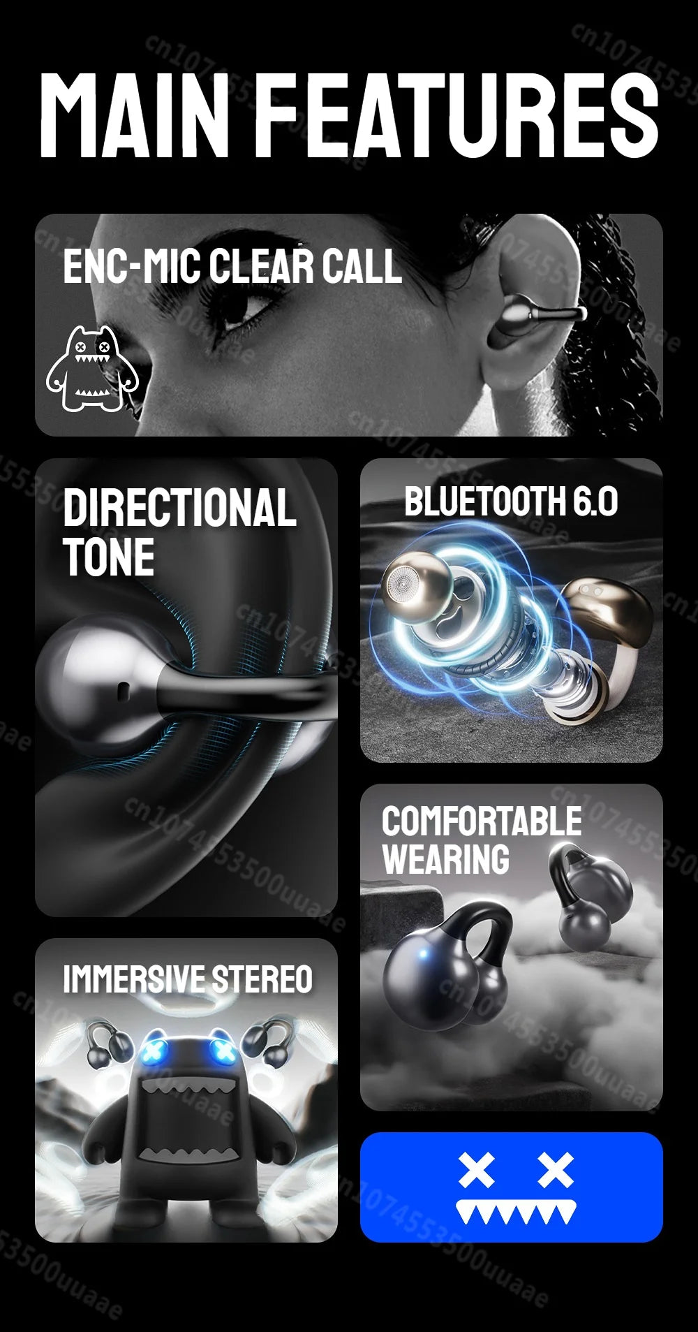 Zombiescat B16 OWS – Słuchawki Bluetooth 6.0 Earclip HiFi, 20h, Wyświetlacz Baterii