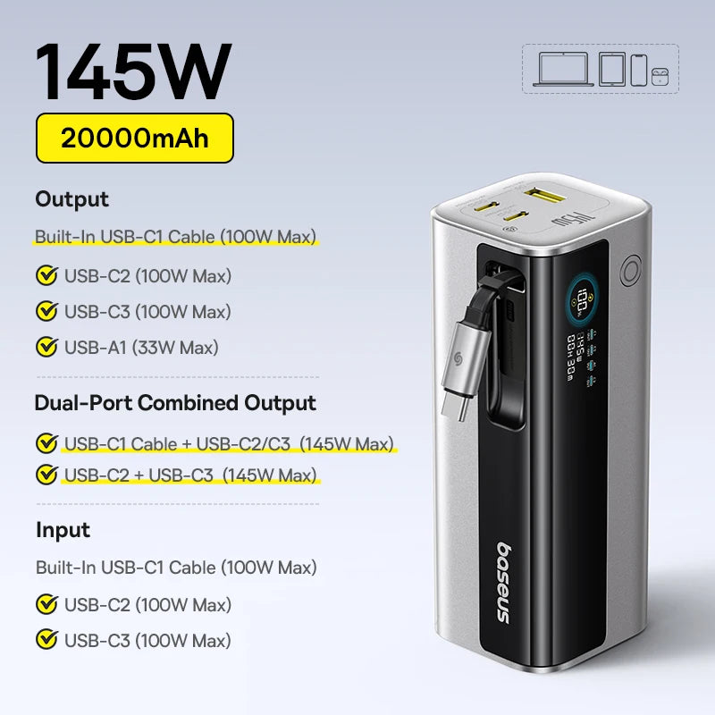 Baseus Powerbank 20800mAh 145W PD 100W – szybkie ładowanie USB-C, wysoka pojemność