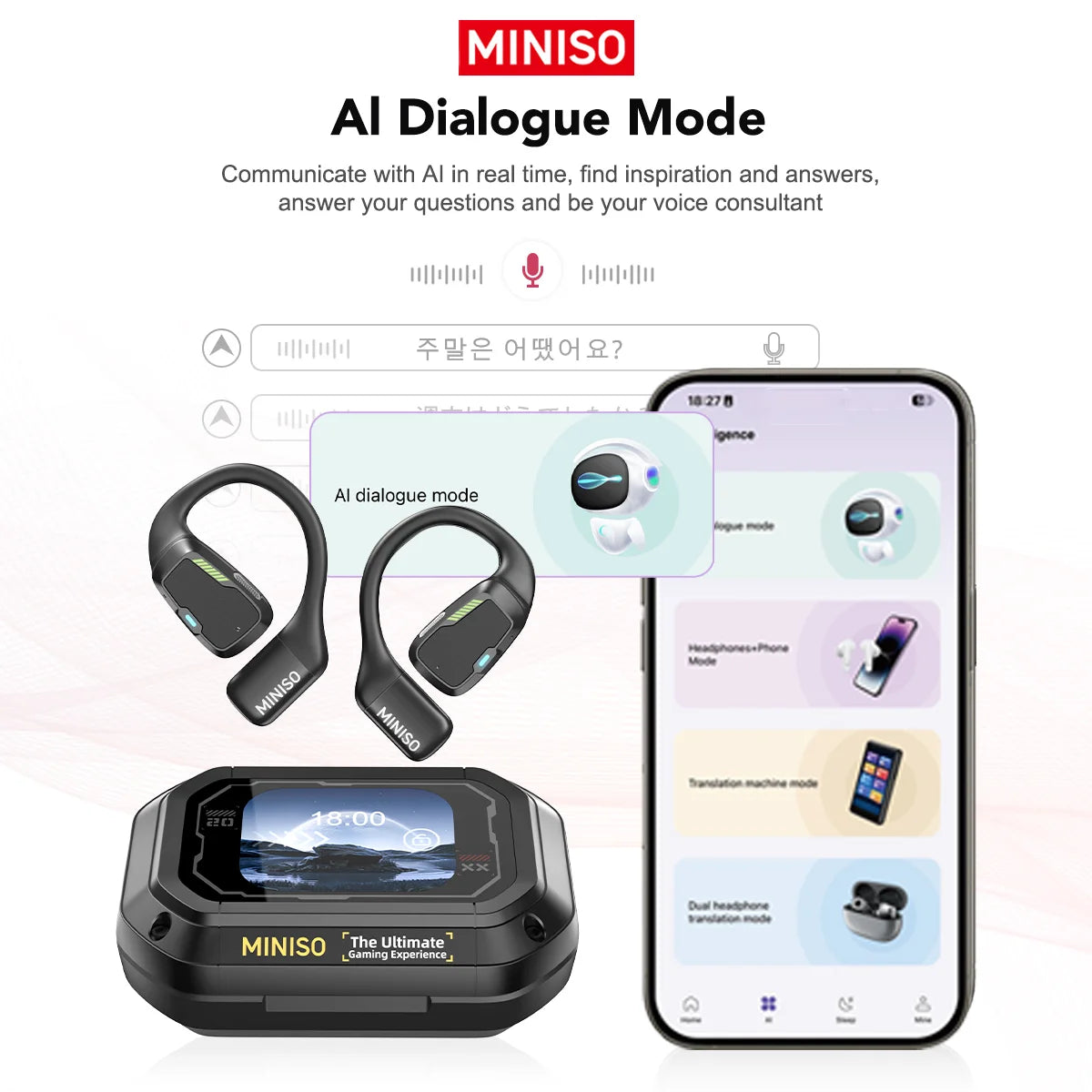 MINISO M98 – Słuchawki OWS Bluetooth, Tłumacz AI 144 Języki, Ekran LCD, IPX5, Sport