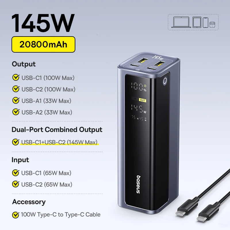 Baseus Powerbank 20800mAh 145W PD 100W – szybkie ładowanie USB-C, wysoka pojemność - zdjęcie 2