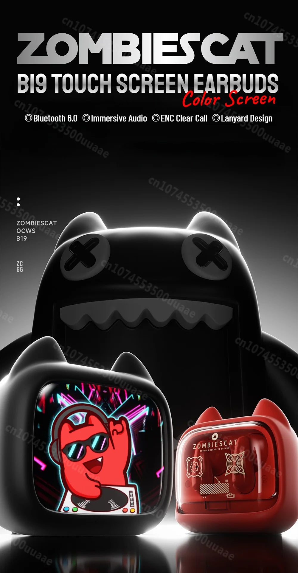 Zombies Cat B19 – Słuchawki TWS Bluetooth 6.0 z Ekranem Dotykowym i Smyczą