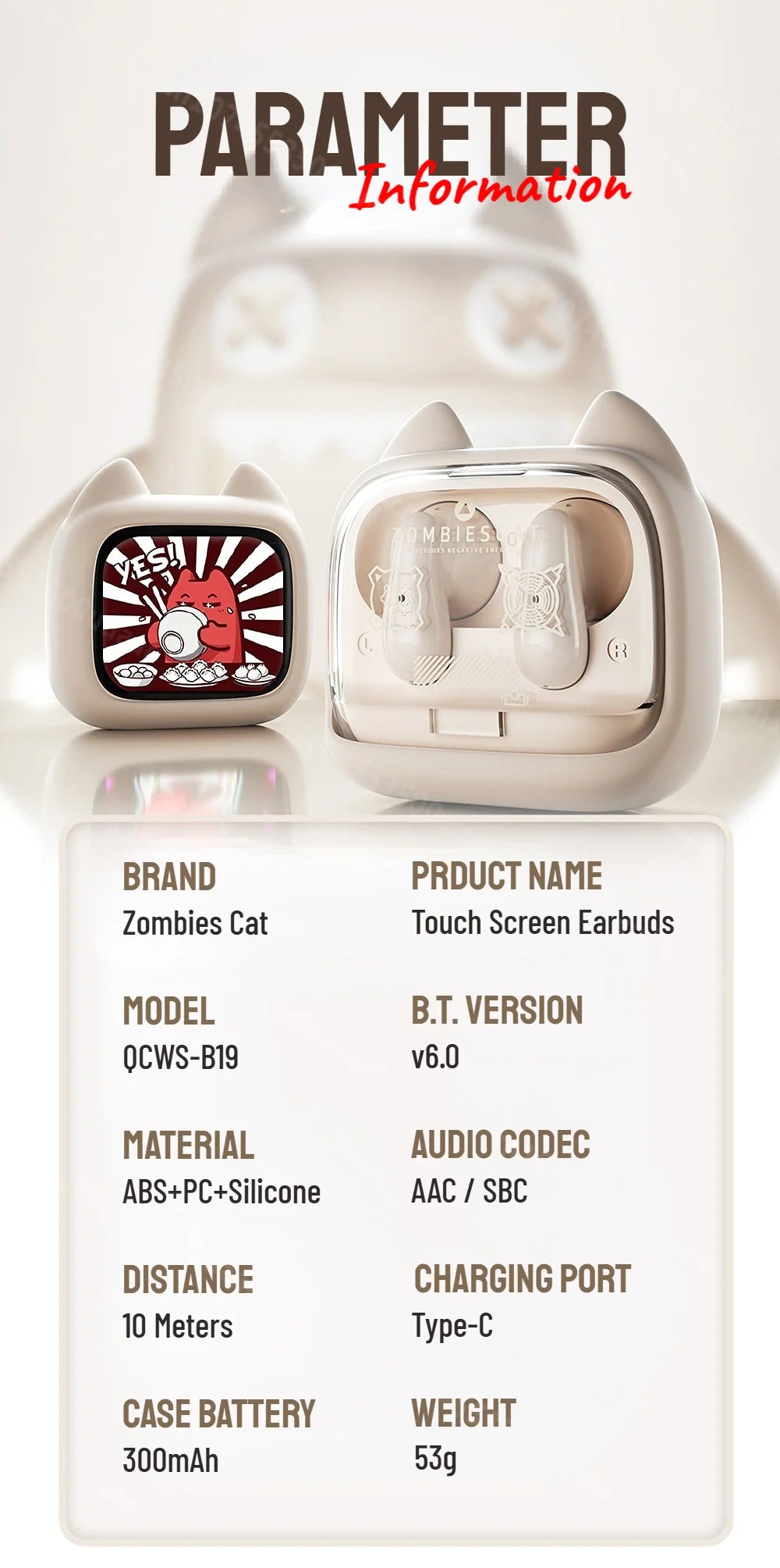 Zombies Cat B19 – Słuchawki TWS Bluetooth 6.0 z Ekranem Dotykowym i Smyczą