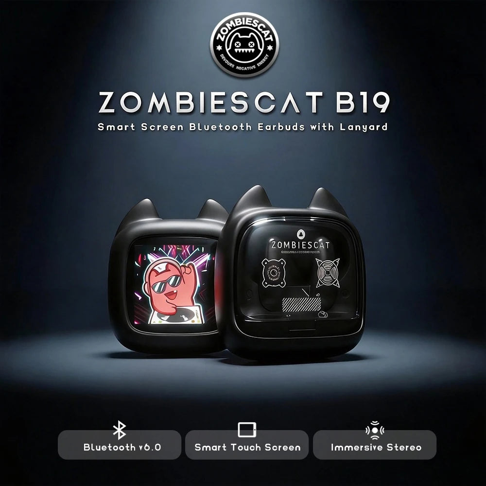 Zombies Cat B19 – Słuchawki TWS Bluetooth 6.0 z Ekranem Dotykowym i Smyczą