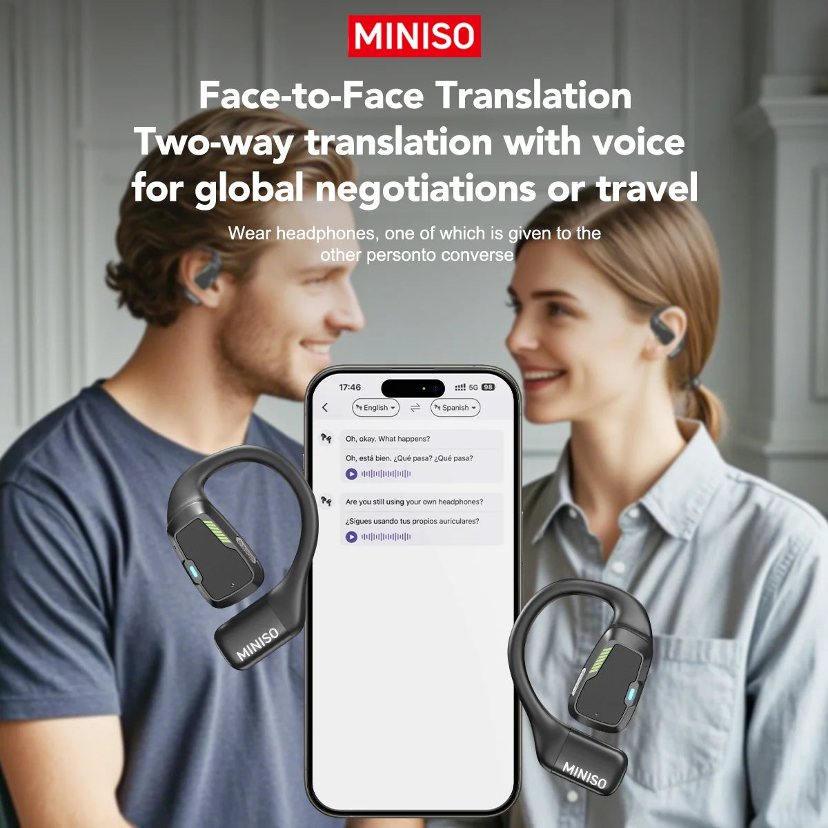 MINISO M98 – Słuchawki OWS Bluetooth, Tłumacz AI 144 Języki, Ekran LCD, IPX5, Sport