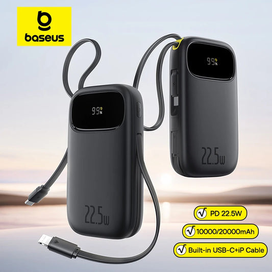 Baseus Powerbank 10000mAh 20000mAh 22.5W - Wbudowany Chowany Kabel USB-C i Lightning dla iPhone 16 Samsung S25 Xiaomi - George Vision Premium
