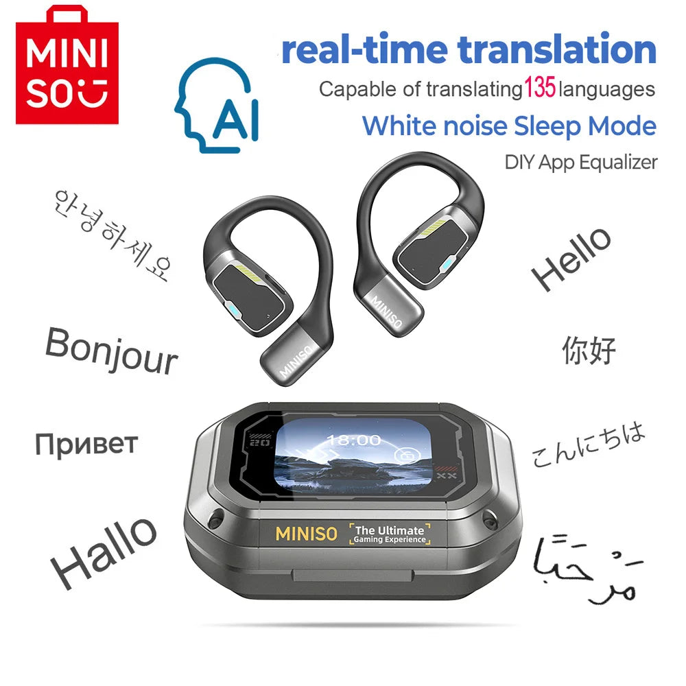 MINISO M98 – Słuchawki OWS Bluetooth, Tłumacz AI 144 Języki, Ekran LCD, IPX5, Sport