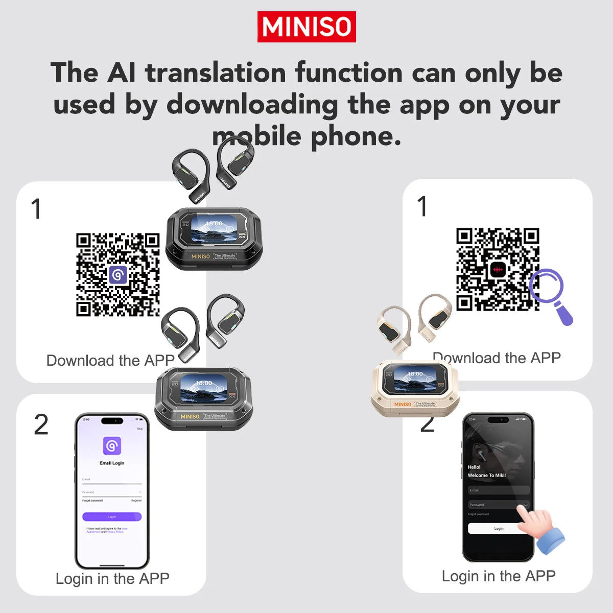 MINISO M98 – Słuchawki OWS Bluetooth, Tłumacz AI 144 Języki, Ekran LCD, IPX5, Sport