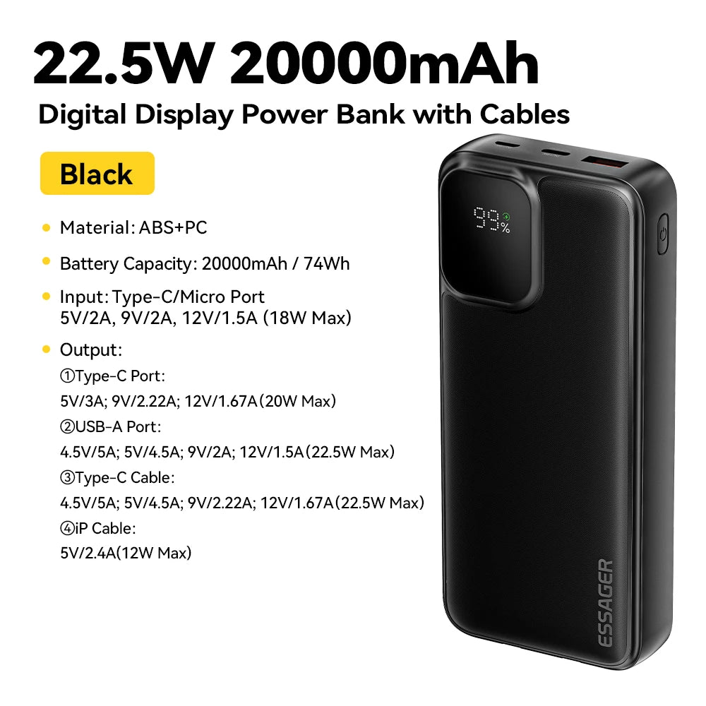 Powerbank 20000mAh z Wbudowanymi Kablami – Szybkie Ładowanie 22.5W, Kompatybilny z - zdjęcie 3