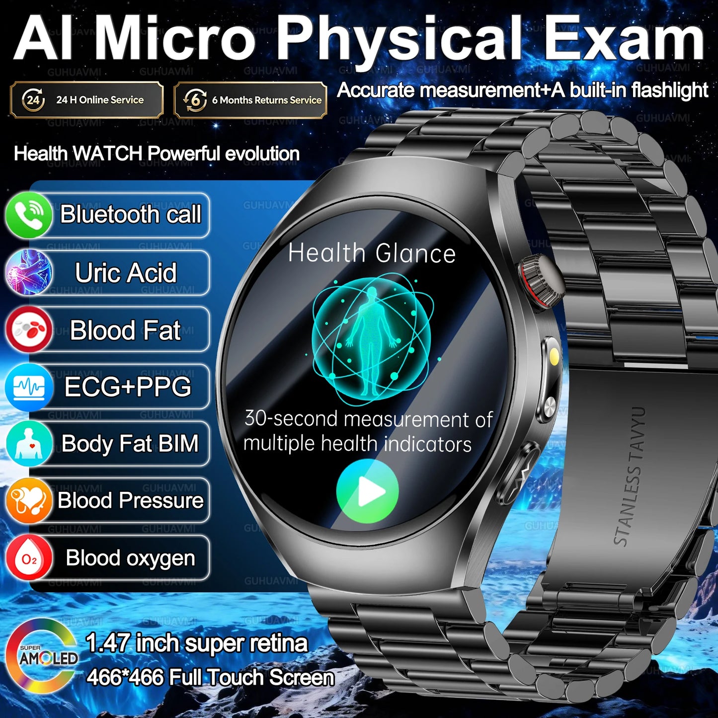 Smartwatch 2026 ECG+PPG – AMOLED HD, Połączenia, Monitor Zdrowia
