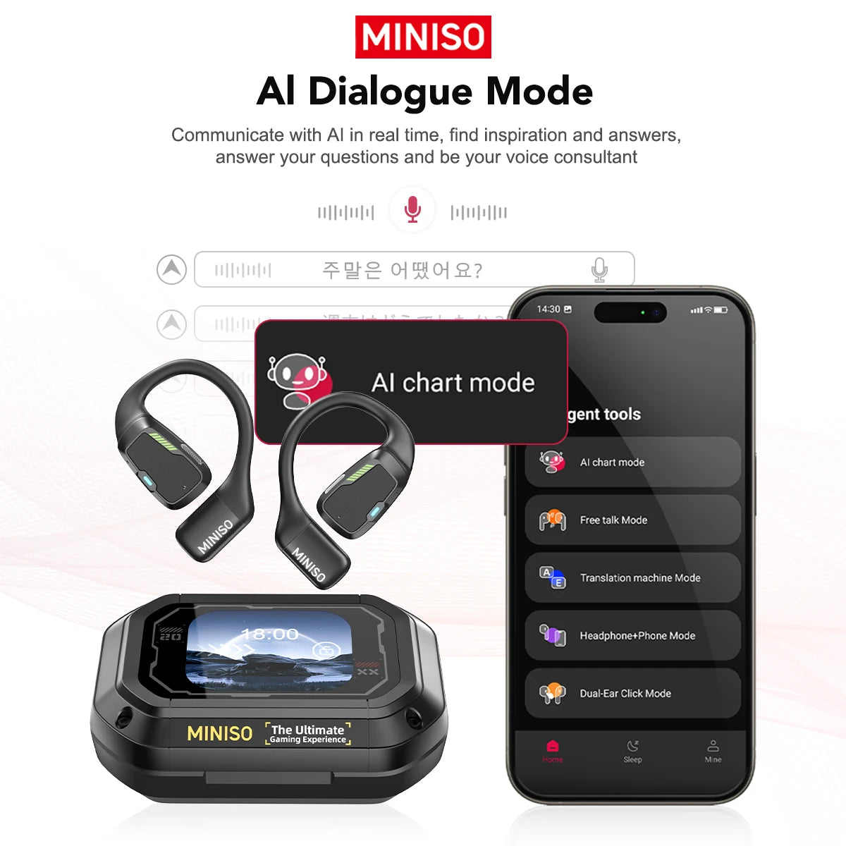 MINISO M98 – Słuchawki OWS Bluetooth, Tłumacz AI 144 Języki, Ekran LCD, IPX5, Sport