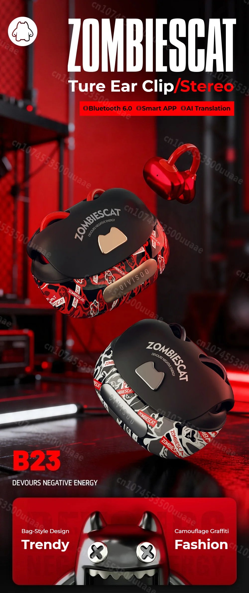 Zombies Cat B23 – słuchawki OWS Graffiti z tłumaczem AI, Bluetooth 6.0