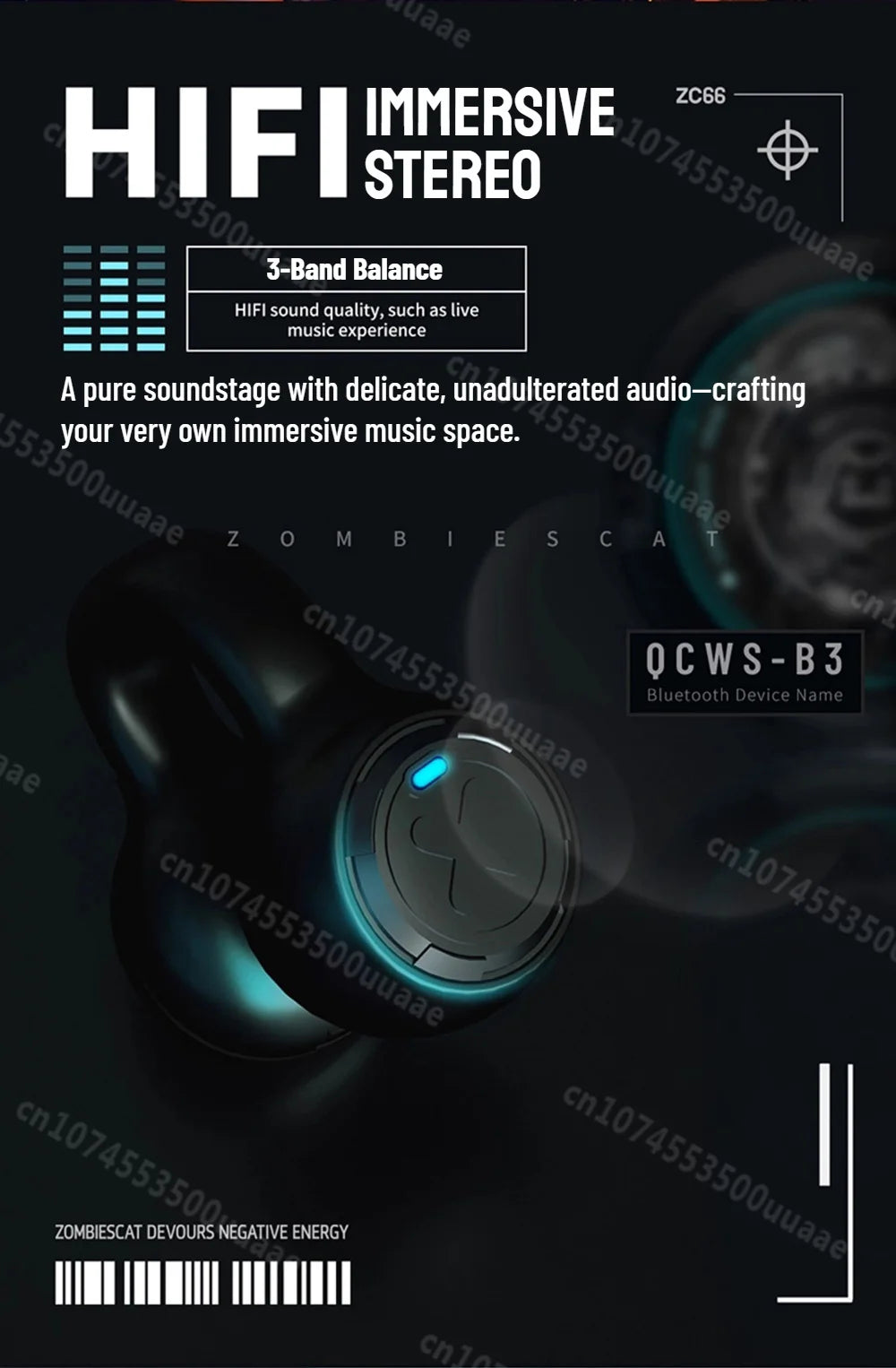 Zombiescat B3 OWS – Słuchawki Bluetooth 5.3 Earclip HiFi, Transparentne Etui, ANC