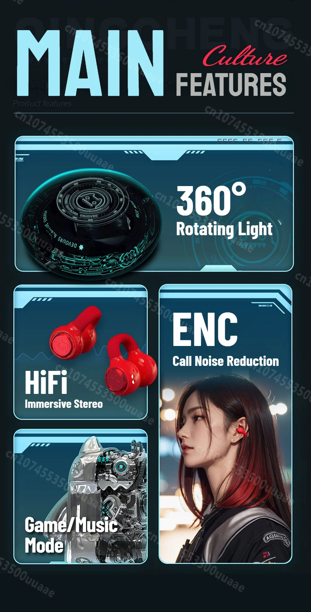 Zombiescat B3 OWS – Słuchawki Bluetooth 5.3 Earclip HiFi, Transparentne Etui, ANC