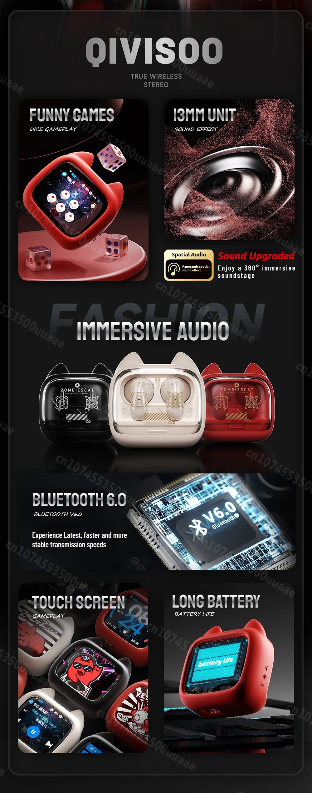Zombies Cat B19 – Słuchawki TWS Bluetooth 6.0 z Ekranem Dotykowym i Smyczą