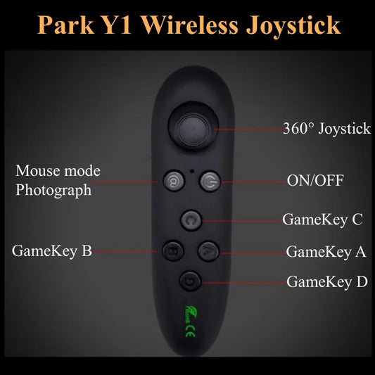 Kontroler Bluetooth VR V5 z joystickem 360° i przyciskami A-D, obsługuje smartfony do 6,7 cala