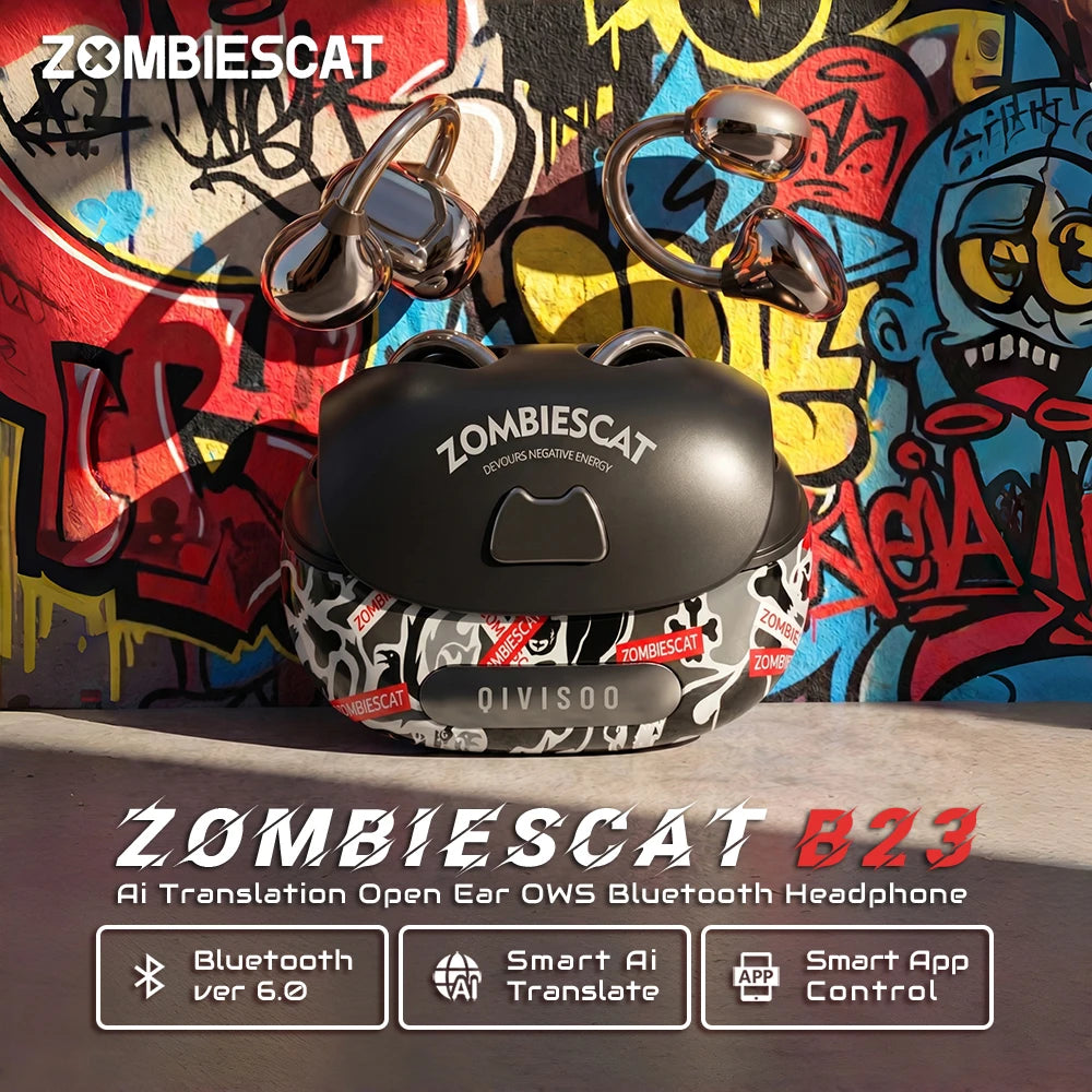 Zombies Cat B23 Graffiti – Słuchawki OWS Ear Clip Bluetooth 6.0 z AI Translacją i Aplikacją