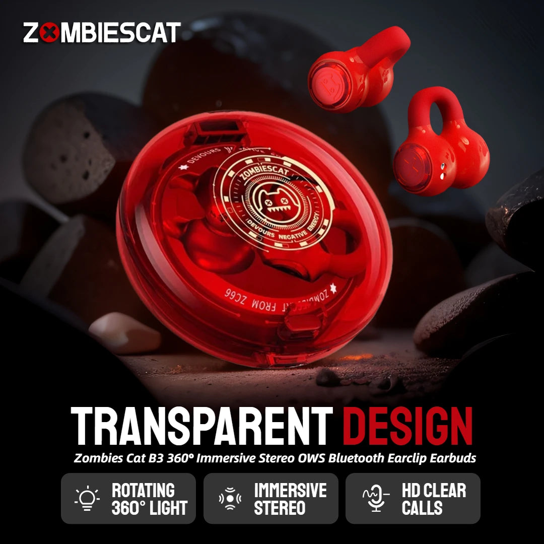 Zombiescat B3 OWS – Słuchawki Bluetooth 5.3 Earclip HiFi, Transparentne Etui, ANC