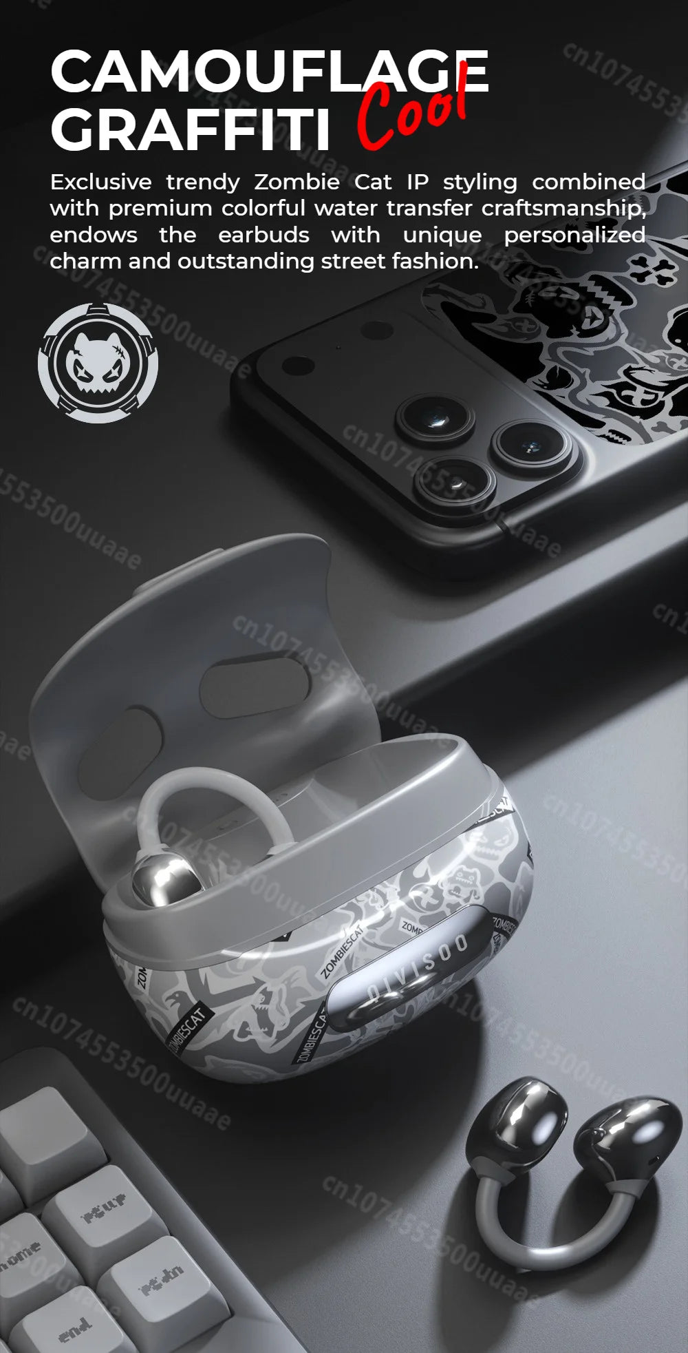 Zombies Cat B23 – słuchawki OWS Graffiti z tłumaczem AI, Bluetooth 6.0