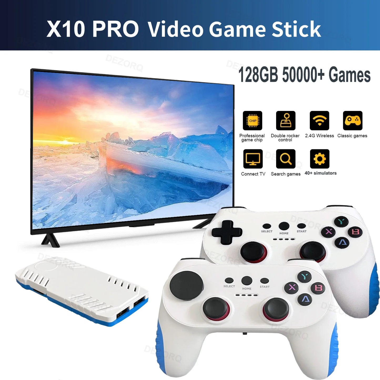 Game Stick 4K X10 Pro DEZORQ - 50000 Gier, 128GB, 2 Kontrolery Bezprzewodowe