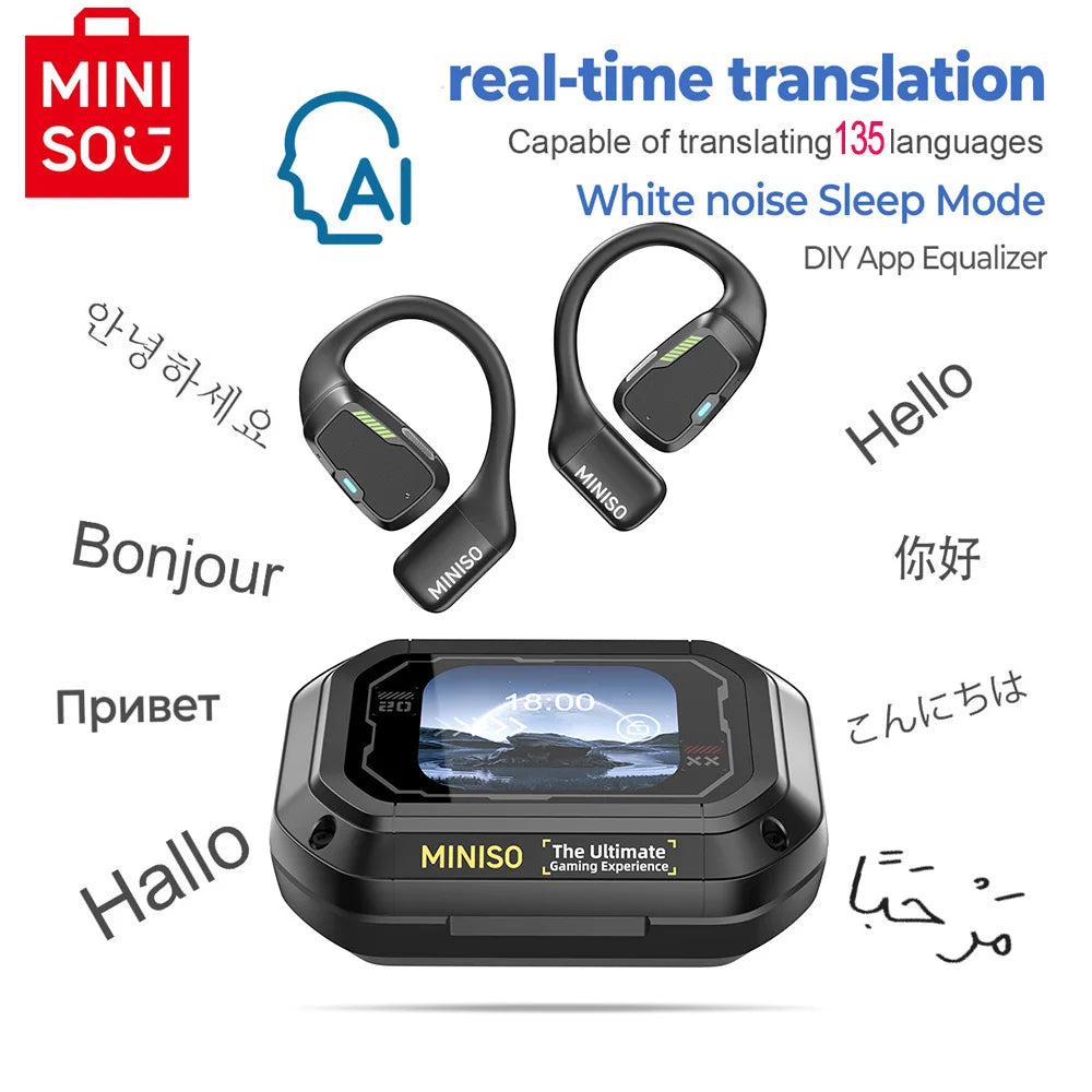 MINISO M98 – Słuchawki OWS Bluetooth, Tłumacz AI 144 Języki, Ekran LCD, IPX5, Sport