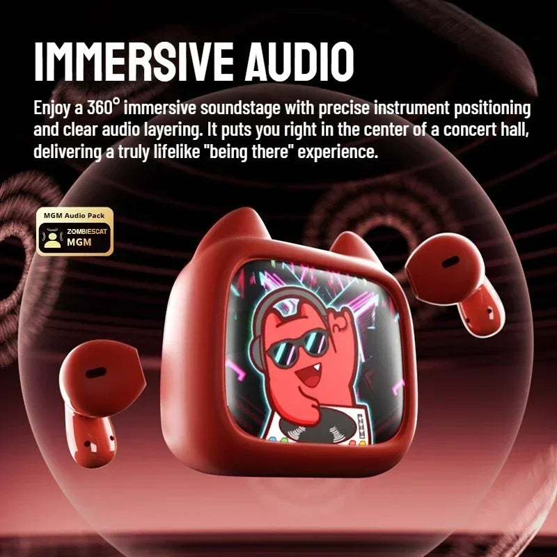 Zombies Cat B19 – Słuchawki TWS Bluetooth 6.0 z Ekranem Dotykowym i Smyczą