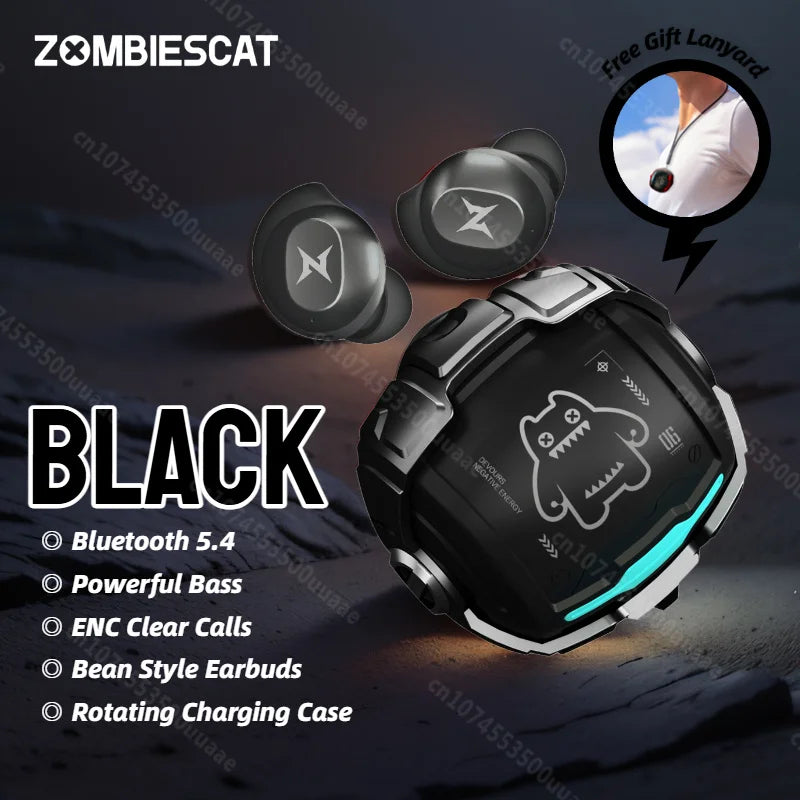 Zombies Cat B12 – Słuchawki TWS Douszne, Bluetooth 5.4, Design Fasoli, Sport