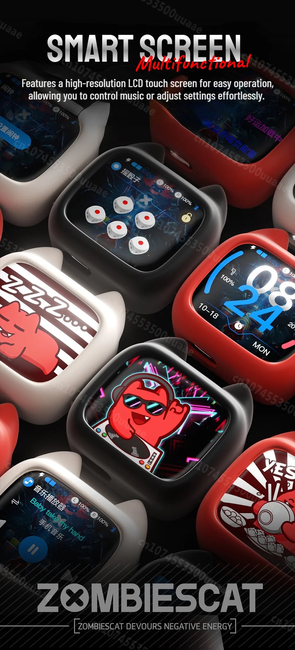 Zombies Cat B19 – Słuchawki TWS Bluetooth 6.0 z Ekranem Dotykowym i Smyczą