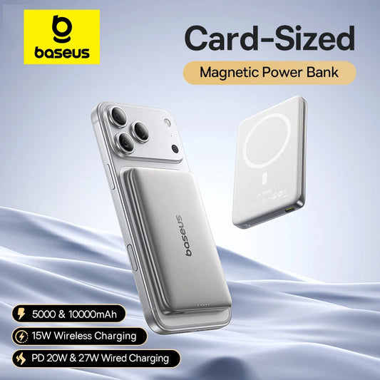 Baseus Powerbank Magnetyczny 10000mAh PD 27W / 5000mAh PD 20W - Rozmiar Karty dla iPhone 17 Samsung - George Vision Premium