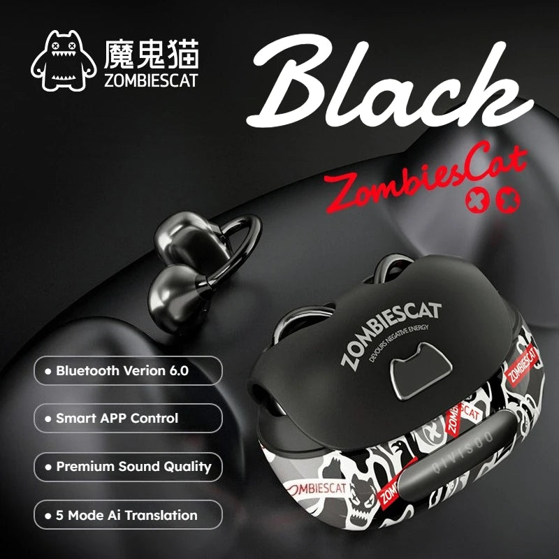 Zombies Cat B23 Graffiti – Słuchawki OWS Ear Clip Bluetooth 6.0 z AI Translacją i Aplikacją