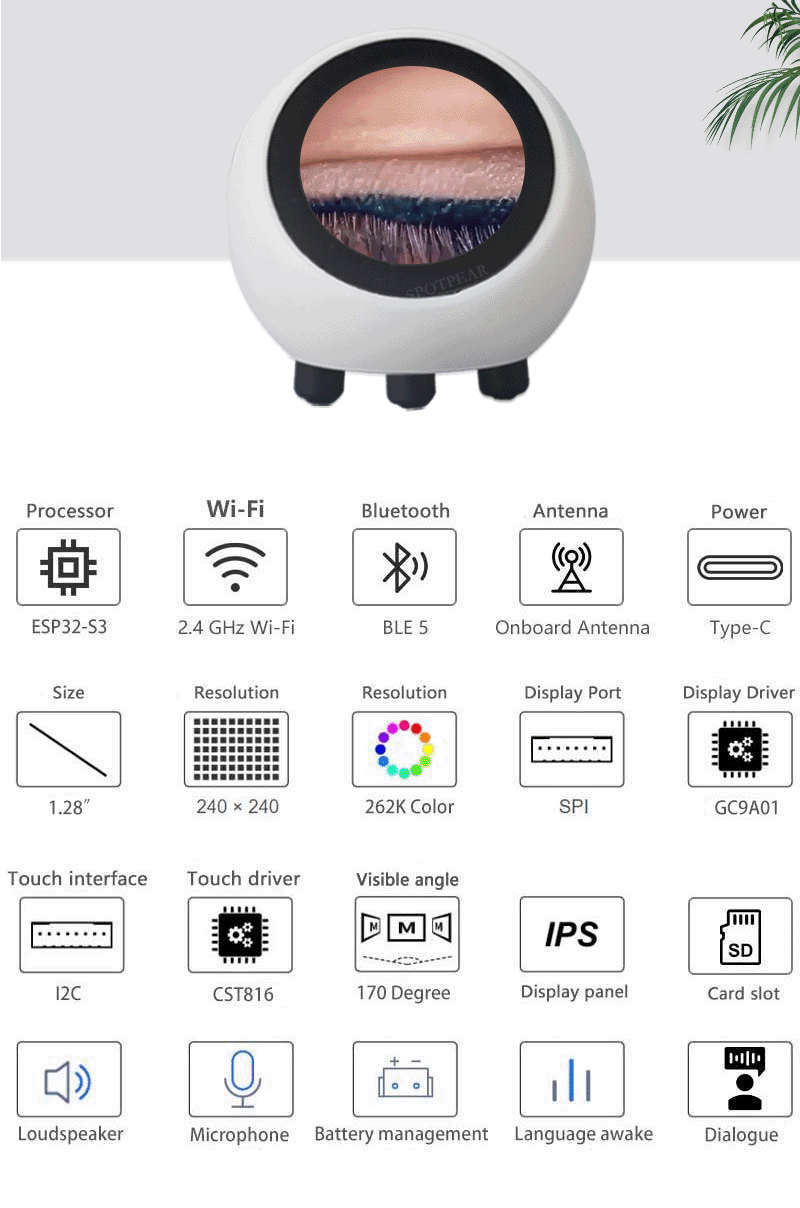 Spotpear EYE Robot AI ESP32-S3 – Czat Głosowy DeepSeek, Zegar, espHome, XiaoZhi