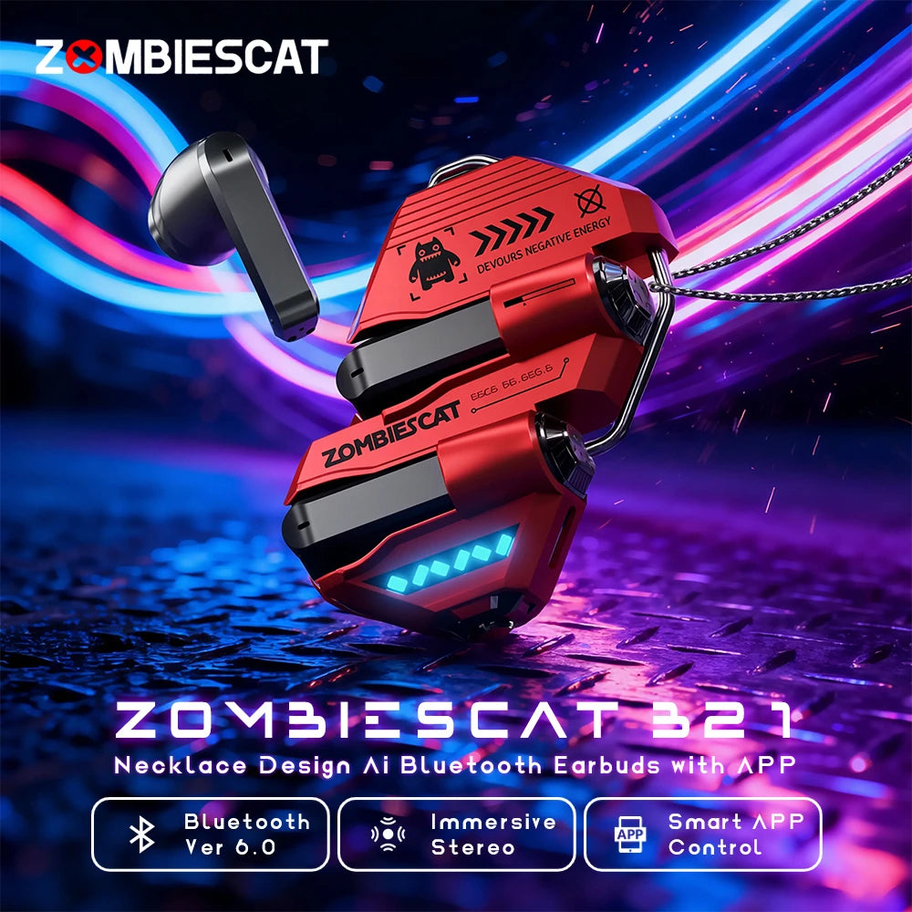 Zombies Cat B21 – słuchawki TWS z tłumaczem AI, Bluetooth 6.0, naszyjnik