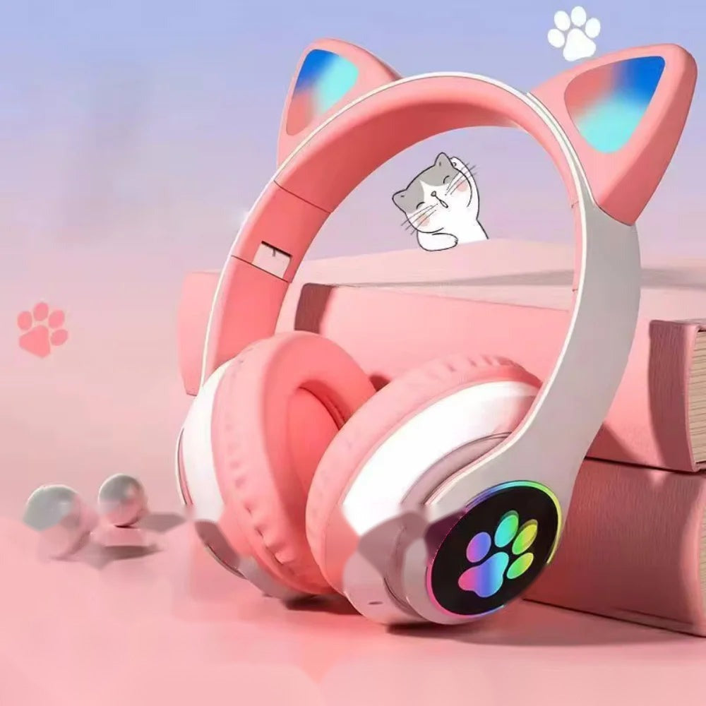 Słuchawki Bluetooth z uszkami kota — różowe, podświetlenie LED